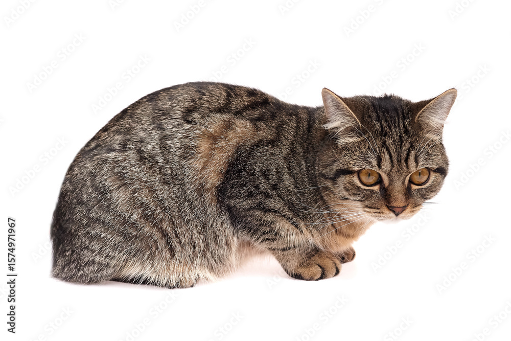 Obraz premium Crouching Tabby Cat Focused Forward on White Background