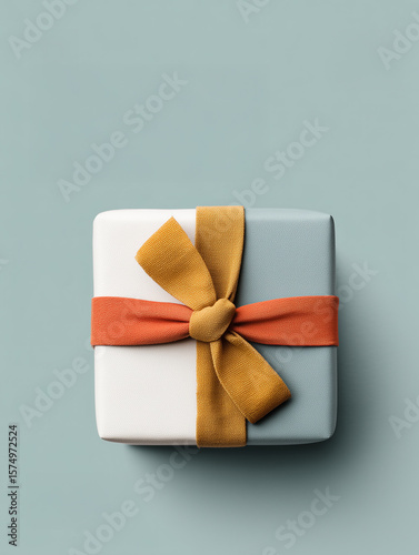 A single gift box with a white and blue base and a striking orange and yellow ribbon. The image is a clean, top-down view on a light blue background, emphasizing the colors and the act of gifting