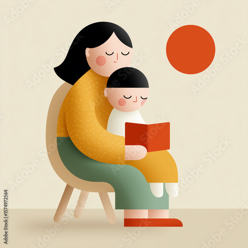 A heartwarming illustration of a mother and child sitting together, reading a book. The image uses a soft, minimalist, and stylized design, representing bonding, education, and family moments