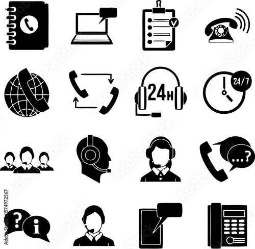 Black and White Customer Support Vector Icon Set Featuring Phones, Headsets, Speech Bubbles, Contact Book, Laptop, and 24/7 Service Symbols