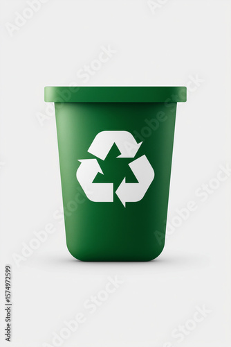 A clean, 3D rendered icon of a green recycling bin with the universal recycling symbol prominently displayed in white. The image is minimalist and modern, perfect for environmental or sustainability