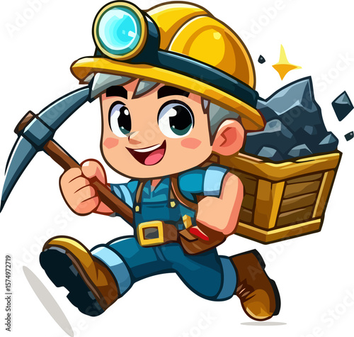 Cartoon Miner Vector Illustration Featuring Hard Hat, Pickaxe, Sparkling Rock Cart, and Energetic Pose for Treasure or Mining Themes