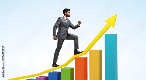 Ambition and Growth: Businessman Ascending on Graph Chart, Success in Business: Man Climbing Up Arrow on Colorful Graph, Chart of Progress