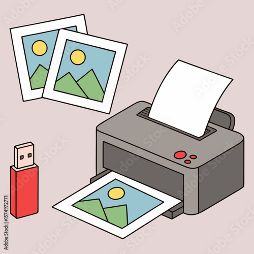 "Flat Design Vector Illustration of Photo Printing – Printer with Landscape Photos, USB Flash Drive, and Paper Output"

