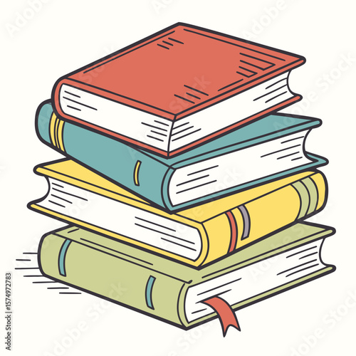 Vector Illustration of Colorful Book Stack in Hand-Drawn Style with Bookmark and Distinct Outlines, Ideal for Education, Reading, Library, and Literature Themes

