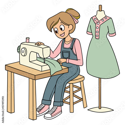 "Cartoon Vector Illustration of a Young Woman Sewing – Seamstress at Vintage Machine with Dress on Mannequin"

