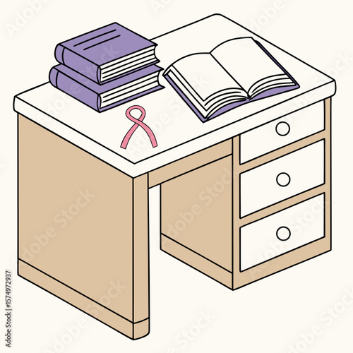 Vector Illustration of Study Desk with Open Books and Breast Cancer Awareness Ribbon — Flat Design Workspace Concept for Education, Health Support, and Personal Learning Themes

