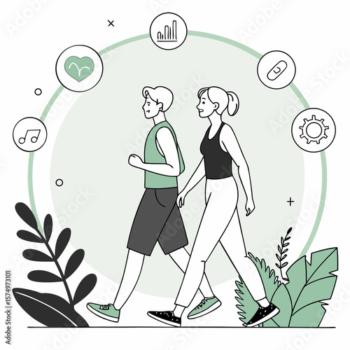 Minimalist Line Art of Man and Woman Walking — Wellness, Fitness, Leisure Walk, Health Lifestyle Concept Vector Illustration

