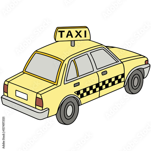Flat Design Yellow Taxi Cab Vector – Classic Side View with Checkered Stripe and Roof Sign

