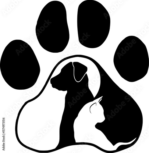 Black Silhouette Paw Print Vector Featuring Dog and Cat Icons in Central Pad for Pet Care, Veterinary, Rescue, and Animal Welfare Themes