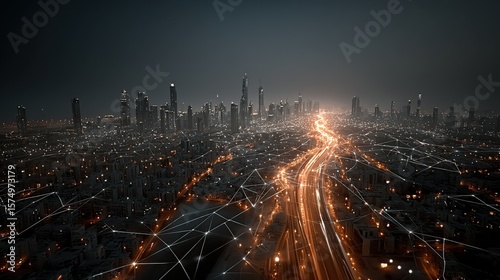 Fototapeta Naklejka Na Ścianę i Meble -  An aerial night view of a glowing city with connected lines