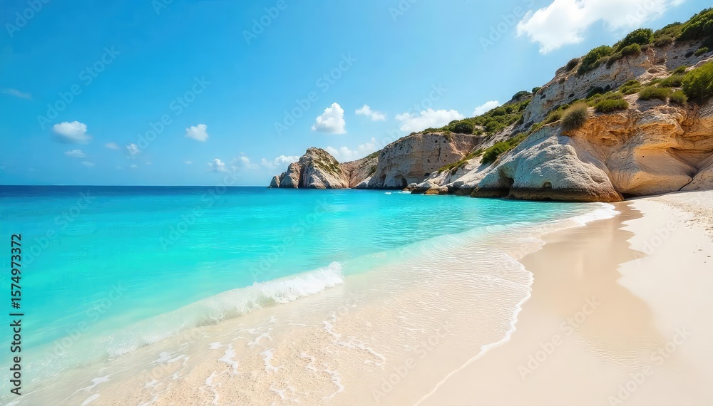 Fototapeta premium Sun-drenched beach in Mallorca, turquoise water laps gently at the shore, white sand sparkles under the summer sun Perfect for travel, holiday, and vacation imagery , paradise, vibrant