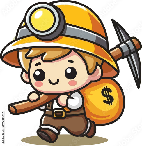 Cartoon Miner Vector Illustration Featuring Hard Hat, Pickaxe, Money Bag, and Cheerful Expression in Stylized Character Design