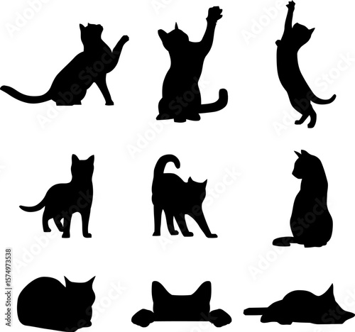 Black Silhouette Cat Vector Set Featuring Nine Distinct Poses Including Sitting, Stretching, Grooming, and Pouncing Icons