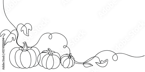 Continuous line art pumpkins with leaves vines on gourd gourds
