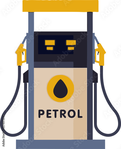 Black and Yellow Petrol Pump Vector Featuring Dual Nozzles, Droplet Symbol, and Screen for Fuel Station, Energy, and Transport Themes