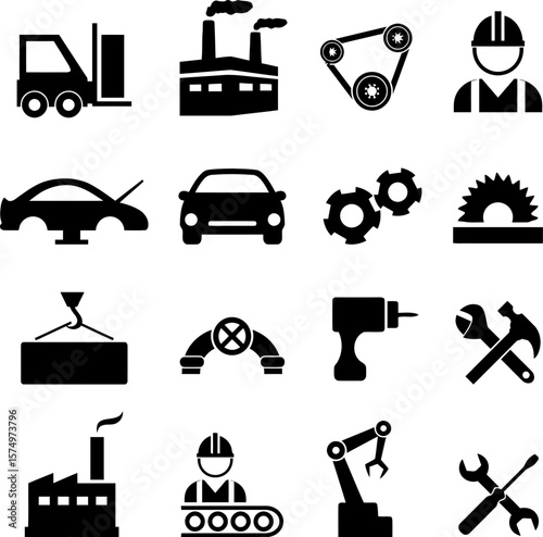 Black and White Industrial Icon Vector Set Featuring Forklift, Factory, Pulleys, Robotic Arm, Workers, Tools, Gear, and Machinery Symbols