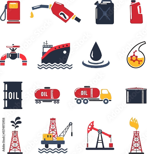 Black and White Oil & Gas Vector Icon Set Featuring Fuel Pump, Tanker Truck, Oil Rig, Barrel, Platform, and Energy Industry Symbols