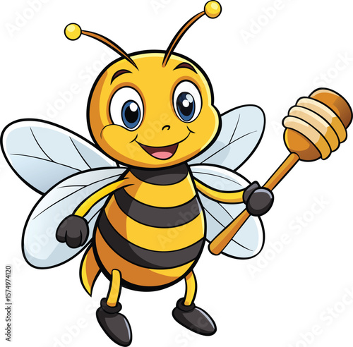 Happy Cartoon Bee Holding a Honey Dipper with Honey Dripping Down the Wooden Stick new 2025 trendy