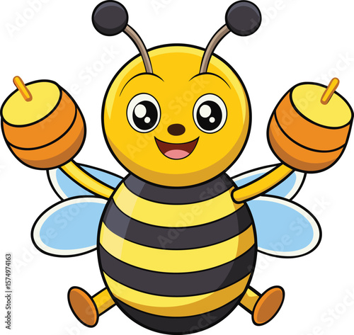Cheerful Cartoon Bee Holding Honey Pots with a Smiling Face and Wide Eyes Illustration new 2025 trendy