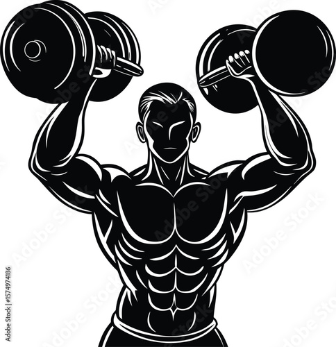 Vector Illustration of a Muscular Man Lifting Dumbbells Overhead in a Black and White Style new 2025 trendy