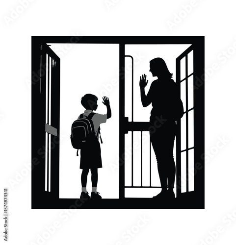 Child Waving Goodbye at School Gate Silhouette Vector Illustration
