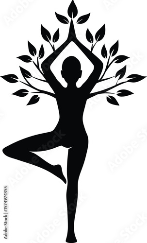 Silhouette of a Woman in Tree Pose with Tree Branches and Leaves Growing Outward new 2025 trendy