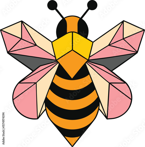 Geometric Bee Illustration with Pink and Gray Wings Against a White Background stylized new 2025 trendy