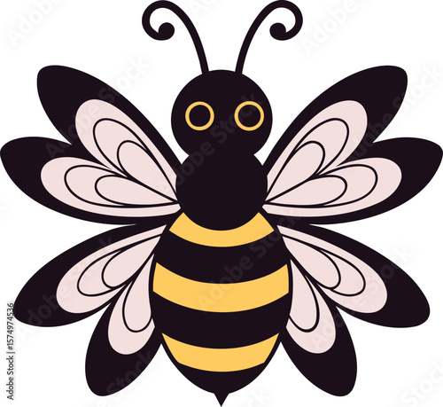 Stylized Bee Illustration with Black and Yellow Stripes and Delicate Wings on White Background new 2025 trendy