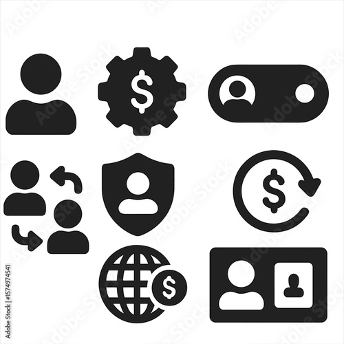 User Settings Icons. Solid style icons of user profile and settings: currency preference, profile icon, rate notification toggle,
