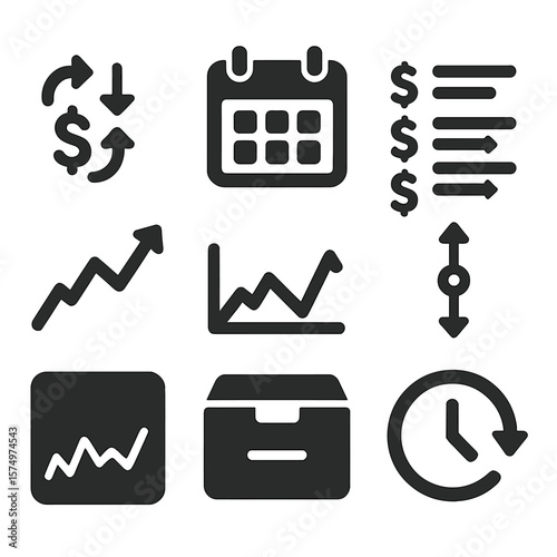 Exchange History Icons. Solid style icons of exchange history: rate timeline, calendar icon, past conversion list, day high/low,
