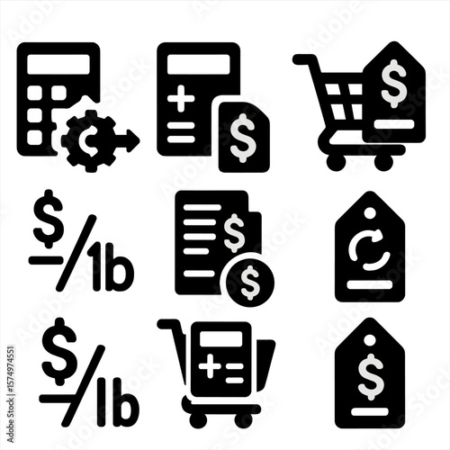 Calculator Integration Icons. Solid style icons of calculator integration: unit and currency convert, price + tax input, shopping