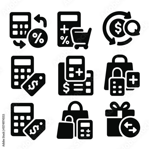 Calculator Integration Icons. Solid style icons of calculator integration: unit and currency convert, price + tax input, shopping