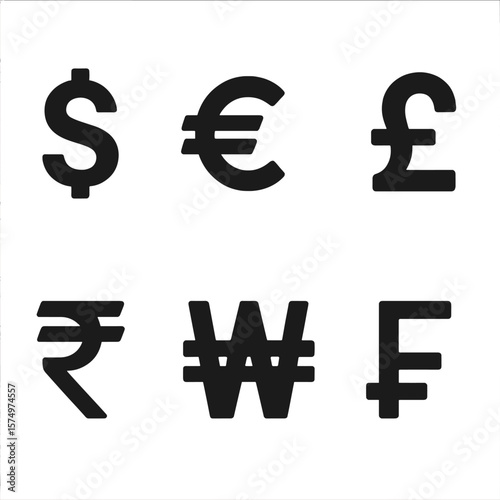 Global Currency Icons. Solid style icons of global currencies: dollar symbol, euro symbol, pound icon, yen symbol, rupee icon, won