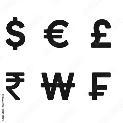 Global Currency Icons. Solid style icons of global currencies: dollar symbol, euro symbol, pound icon, yen symbol, rupee icon, won