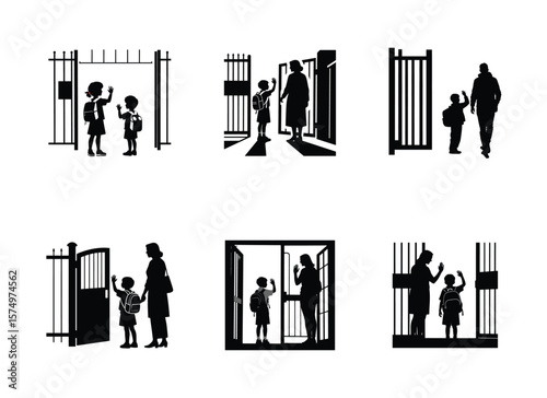 Set of Children Waving Goodbye at School Gate Vector Silhouette Scene