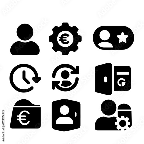 User Settings Icons. Solid style icons of user profile and settings: currency preference, profile icon, rate notification toggle,