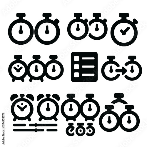 Multiple Timer Icons. Solid style icons of multiple timers: dual timer icon, group of timers, timer list view, switch between