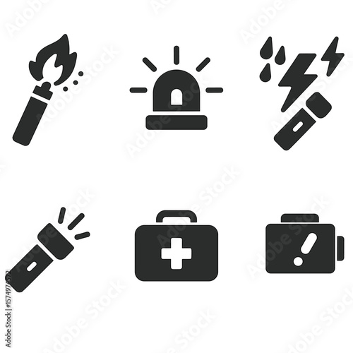 Emergency Flashlight Icons. Solid style icons of emergency flashlight tools: roadside flare icon, warning flash, rescue beacon,