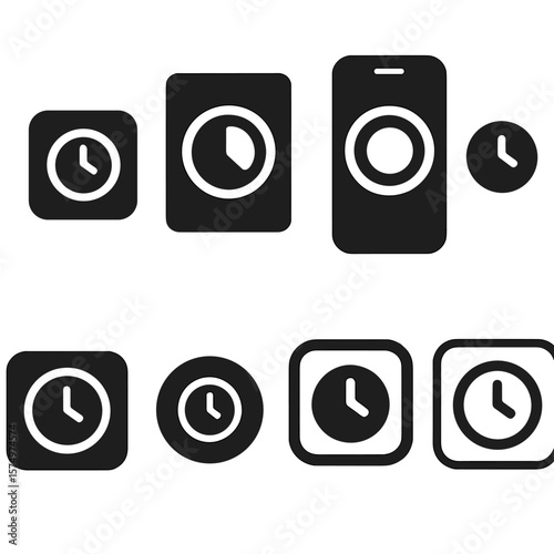 Timer Widget Icons. Solid style icons of timer widgets: small widget, timer card, homescreen ring, quick access timer, timer