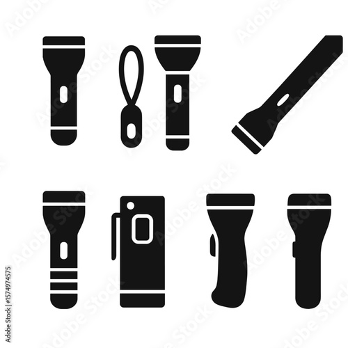 Flashlight Icon Series. Solid style icons of flashlight design: compact torch, mini light, classic flashlight, long barrel, rubber