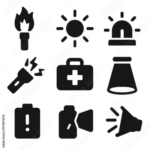 Emergency Flashlight Icons. Solid style icons of emergency flashlight tools: roadside flare icon, warning flash, rescue beacon,
