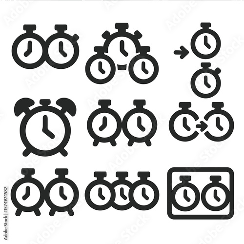 Multiple Timer Icons. Solid style icons of multiple timers: dual timer icon, group of timers, timer list view, switch between