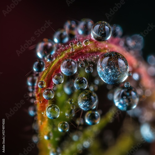Dewdrops on curled plant leaf.