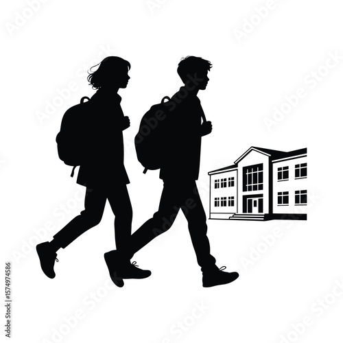 Silhouette of Two Kids Walking with Backpacks Vector, Childhood Journey Concept
