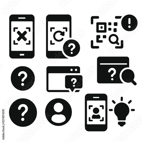 Scan Icon Collection. Solid style icons of error and help states: scan failed icon, retry scan, blurry code alert, no code found,
