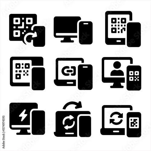 Device Sync Icons. Solid style icons of multi-device sync: QR code sync icon, desktop-to-phone link, tablet pairing QR, login with