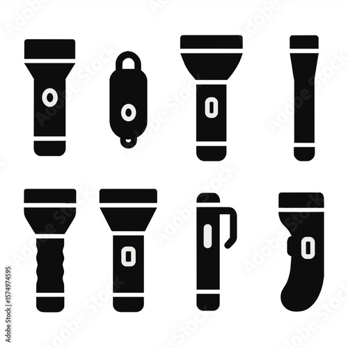 Flashlight Icon Series. Solid style icons of flashlight design: compact torch, mini light, classic flashlight, long barrel, rubber