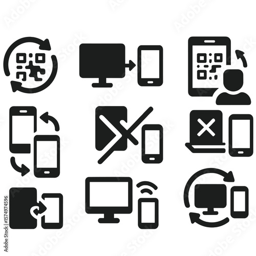 Device Sync Icons. Solid style icons of multi-device sync: QR code sync icon, desktop-to-phone link, tablet pairing QR, login with