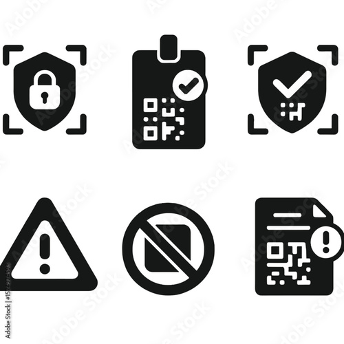 Security Icon Set. Solid style icons of security and verification: secure scan, trusted QR badge, verified QR shield, fake code